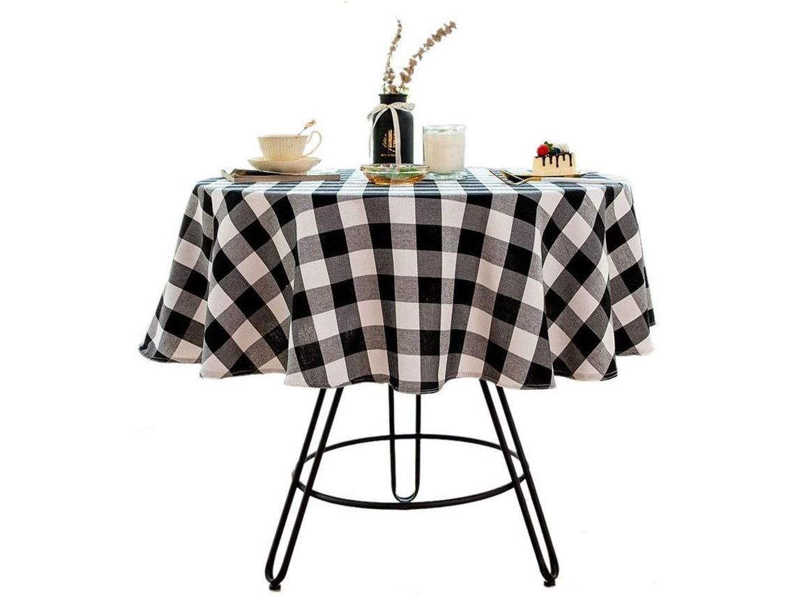 Manta de Mesa Redonda de Algodão e Linho com Xadrez para Cozinha e Sala de Jantar 48 Polegadas Branco e Preto