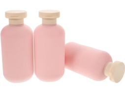 Conjunto de 3 mamadeiras Macias Pink de 200ml para bebês com tampa flip-top e dosador.