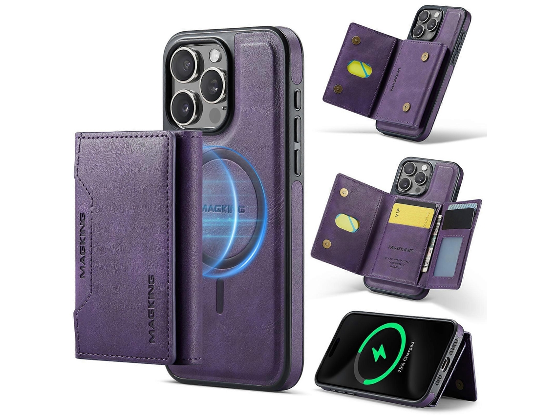 Compre Capa Magking K2 Series Para Iphone 16 Pro Compatível Com Magsafe Pc Tpu Pu Couro Com Bloqueio Rfid E Carteira Roxa