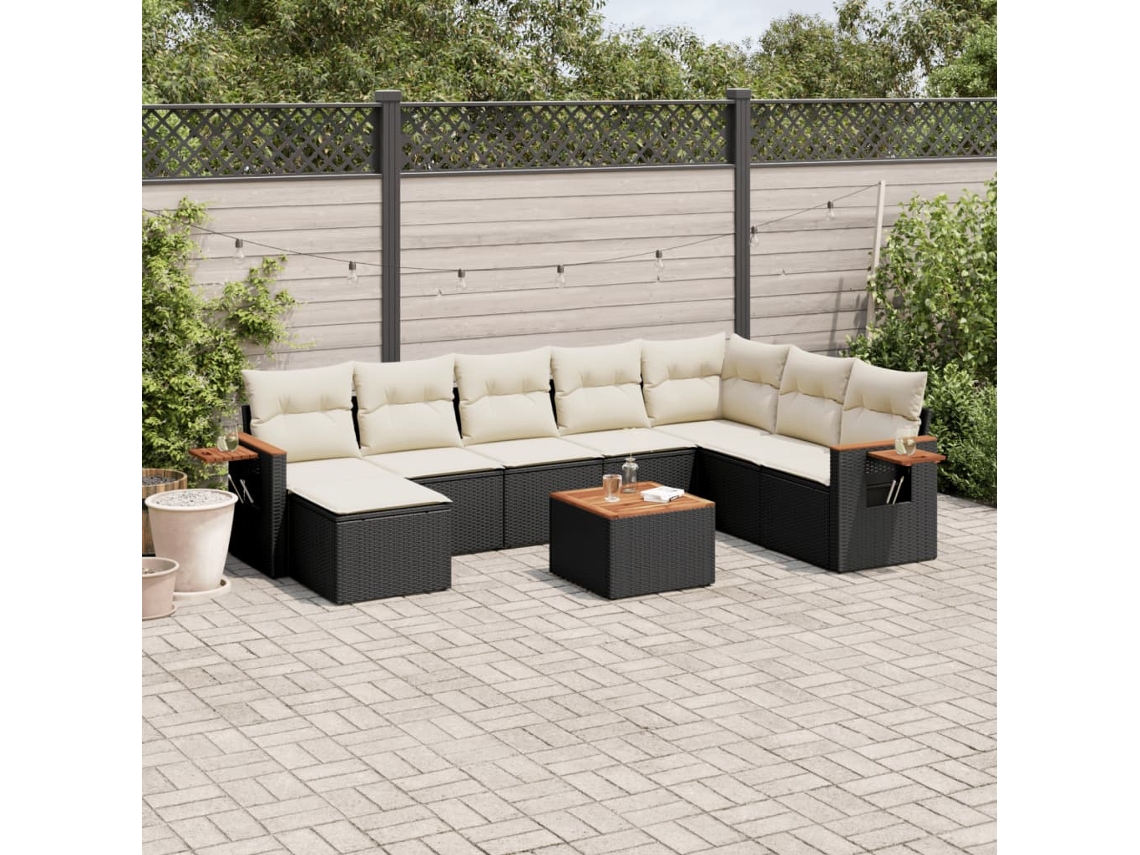 Jogo de Sofá 9 Peças P/ Jardim C/ Almofadões Vime Pe Preto Dkd Home Decor