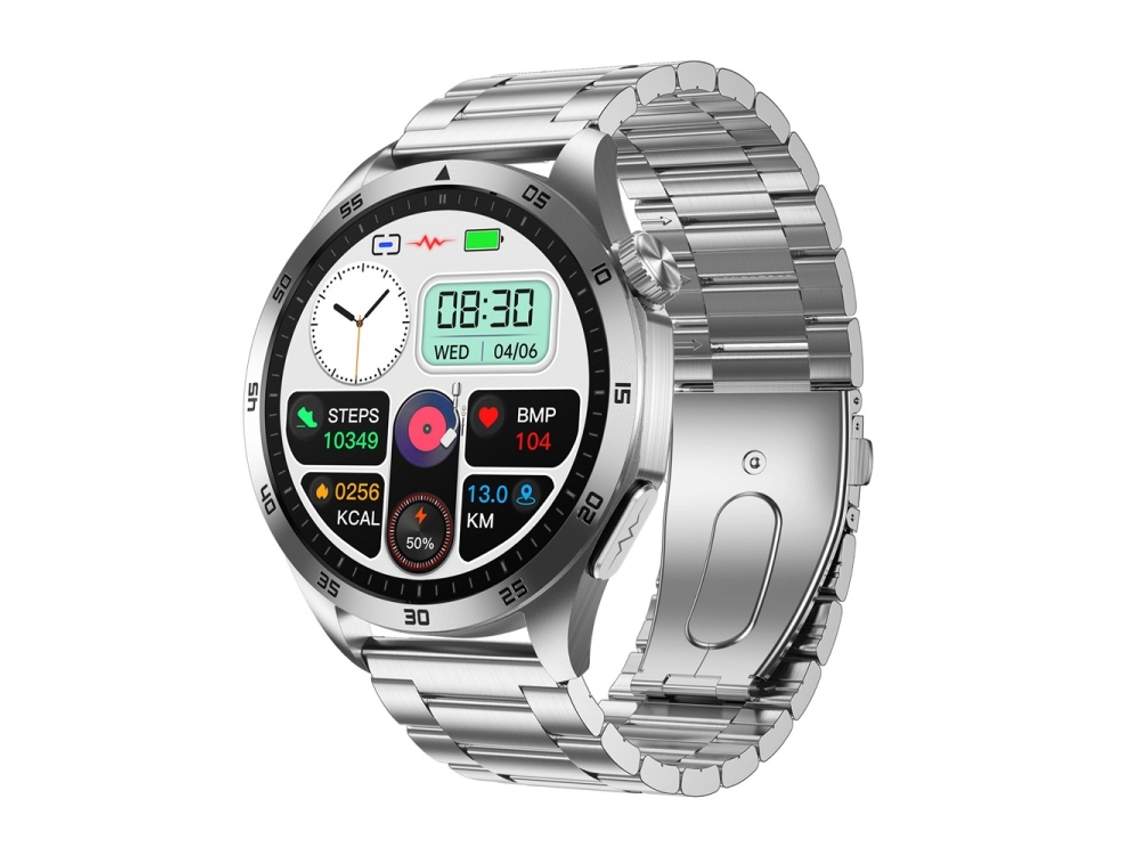 (roxo) Pulseira inteligente com tecido colorido de 1,43 pollegadas e pulseira de aço, compatível com chamadas Bluetooth e ECG.