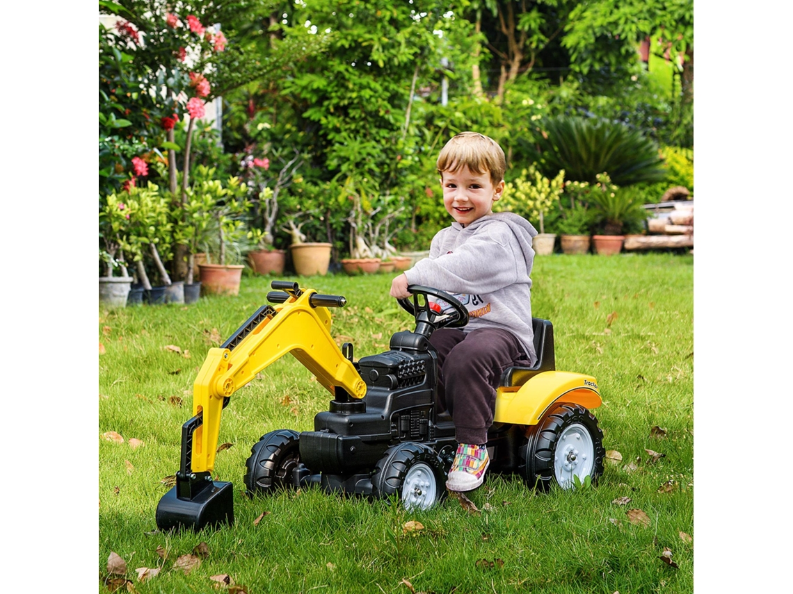 Trator a Pedais para Crianças Escavadora P/ Pequenos com Pá Dianteira e Buzina Infantil 107x42x71 Cm Amarelo