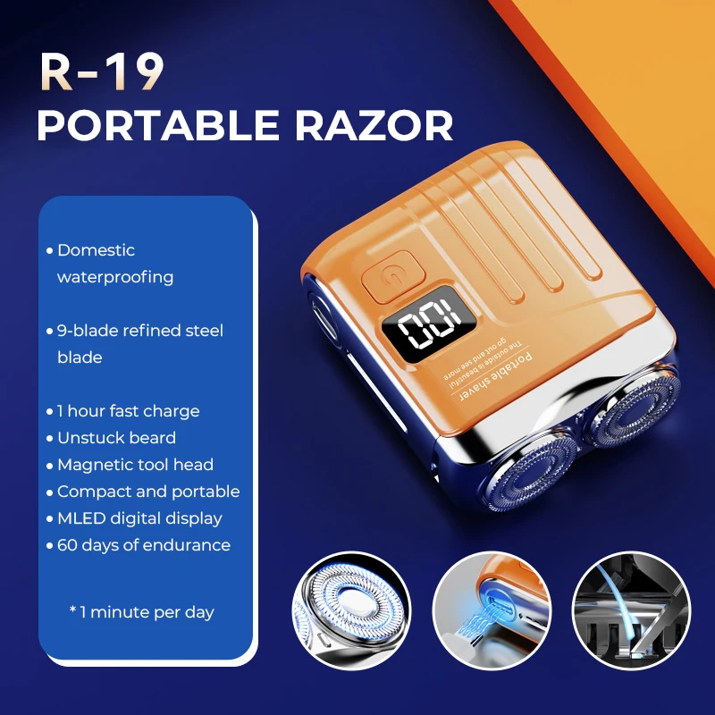 Barbeador Elétrico Inteligente, Visor Digital, Mini Cabeça de Lâmina Dupla, Barbeador de Viagem, Recarregável MDUG (r19 Laranja)