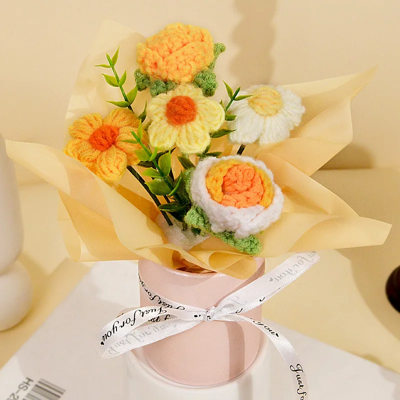 (amarelo) 1 Peça De Buquê De Rosas Feito À Mão Em Crochê, Tricotado Com Rosas E Margaridas.