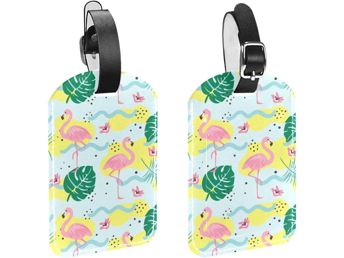 Conjunto De 2 Etiquetas Bagagem Em Imitação Couro Proteção Privacidade Design Flamingo Com Folhas E Plantas