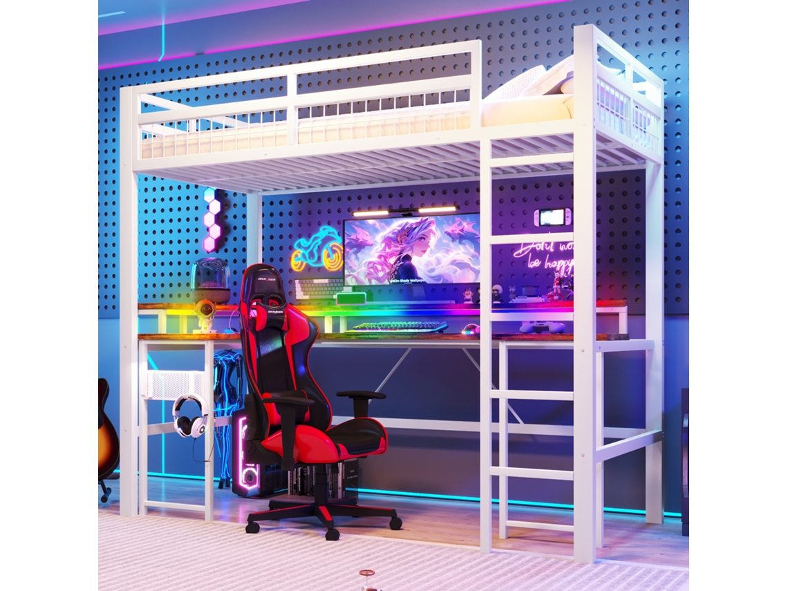 Hochbett 90x200cm Com Led, Usb, Type-c, Tomadas E Painel Branco