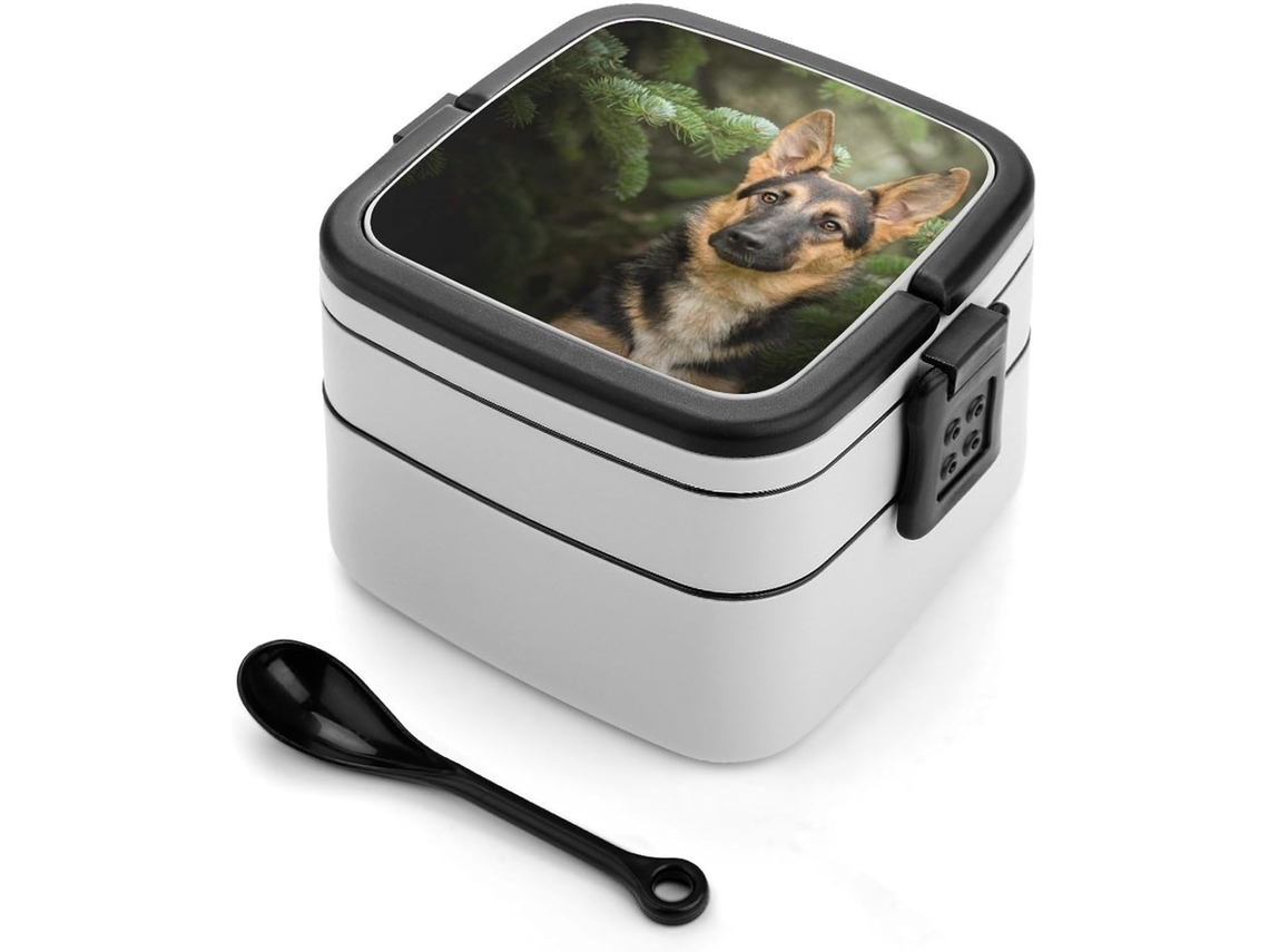 Marmita Bento De 2-camadas Com Estampa Pastor Alemão, Empilhável, À Prova De Vazamentos, 1000ml, Com Colher, Portátil