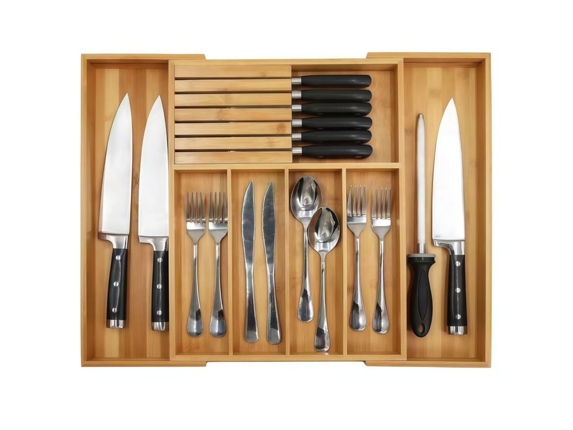 Bandeja Talheres Extensível - Caixa Talheres - Organizador Cozinha - Suporte Facas - Bambu - Cor Natural