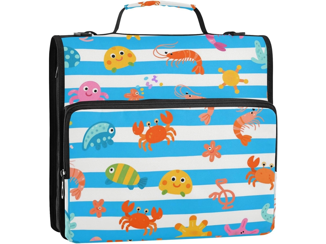 Organizador de 3 Argolas com Zíper e Alça Ombro, Estampa Animais Marinhos, Azul/branco 34,5 X 31,5 8,9 Cm