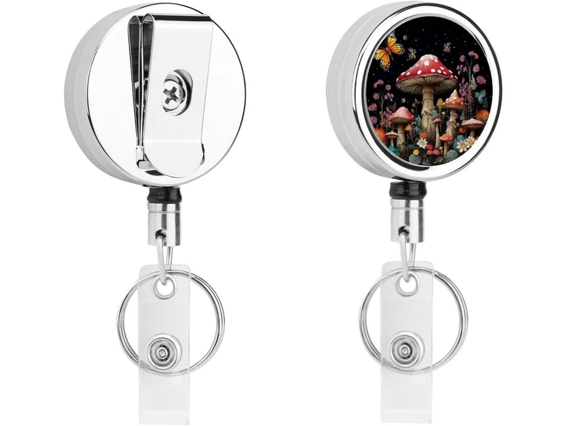 Porta Crachás De Metal Com Desenhos Cogumelos E Borboletas Em Fundo Preto, Retráteis, Com Clipes Resistentes, Chaveiro