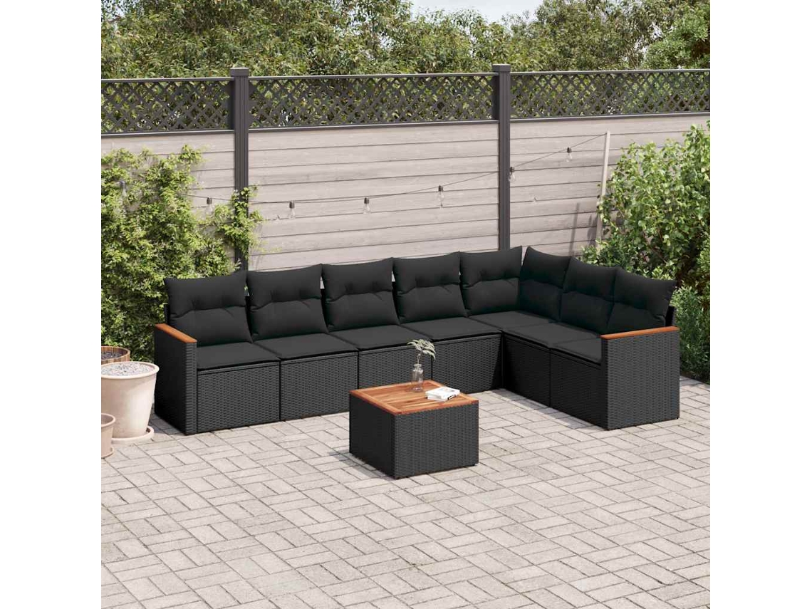 Vidaxl 8 Pcs Conjunto Sofás De Jardim Com Almofadões Vime Pe Preto