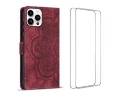 Capa Tkdaddy Para Iphone 15 Pro Com 2 Peças De Vidro Temperado Wanlonfeng Mtl Series Mandala Couro Capa De Celular Vermelha
