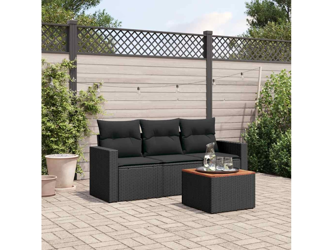Vidaxl 4 Pcs Conjunto De Sofás Para Jardim C/ Almofadões Vime Pe Preto