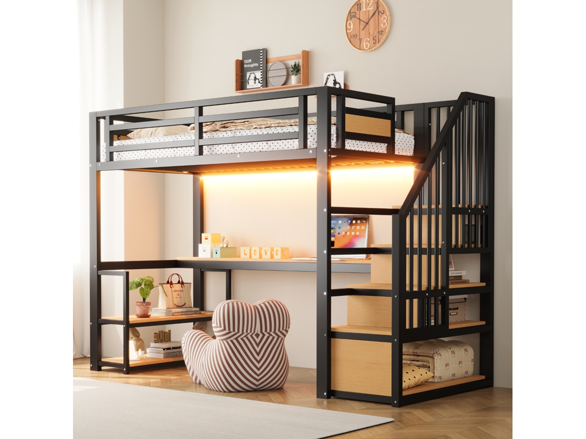 Cama Alta Metal 90x200 Led Tomada Escada Armazenamento Mesa Grade Preta