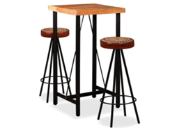 Vidaxl Conjunto Bar 3 Pcs Madeira Acácia Maciça Couro Genuíno E Lona