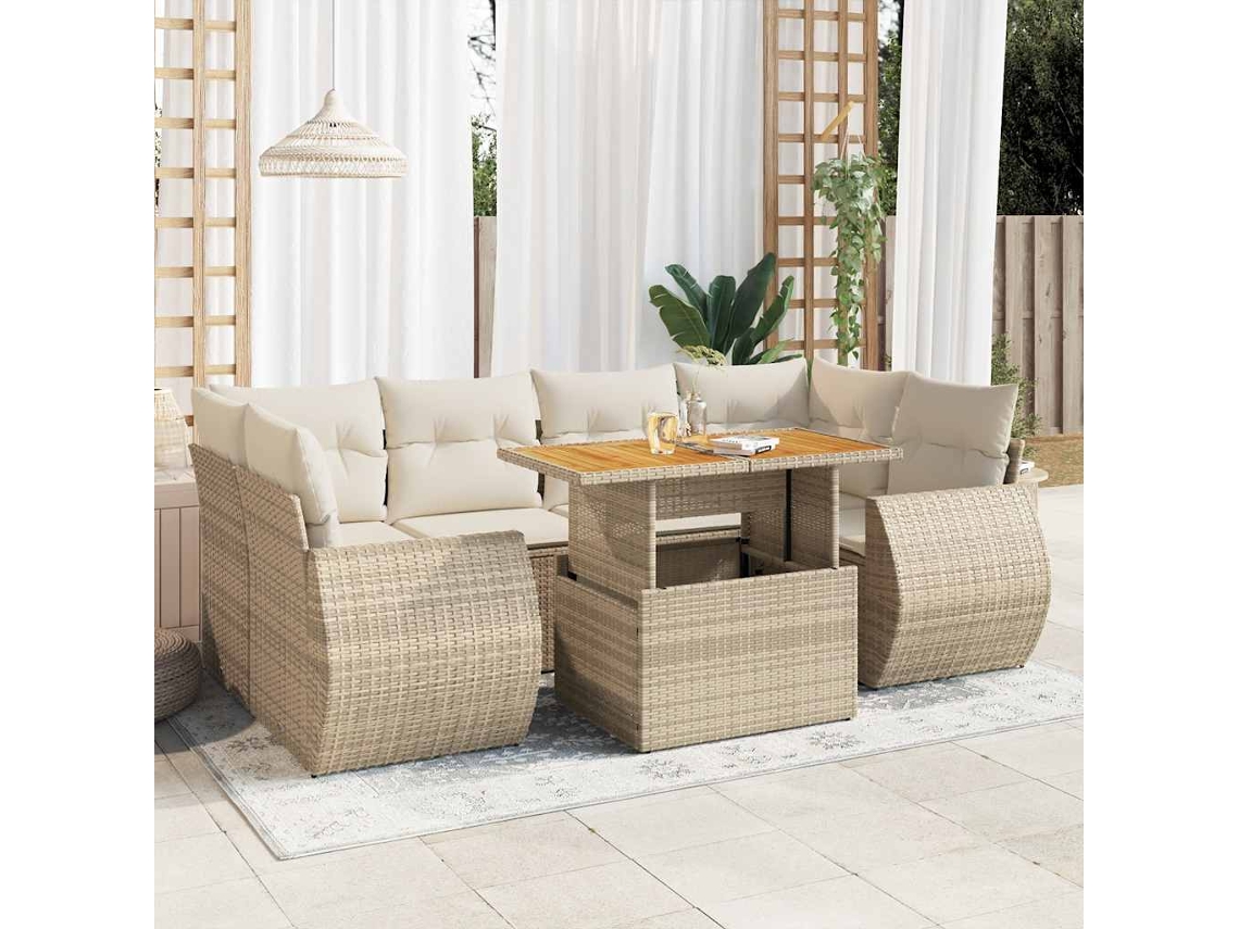 Vidaxl 7 Pcs Conjunto De Sofás P/ Jardim Com Almofadões Vime Pe Bege