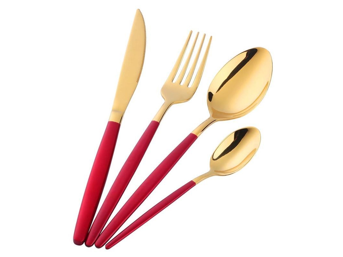 Set De Cubiertos De Acero Inoxidable 16 Piezas Con Mango Rojo Para 4 Personas