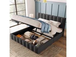 Cama Casal Hidráulica 140x200cm Linho, Cabeceira Ajustável. Estrutura Metálica Ripas. Cinza (sem Colchão).-op