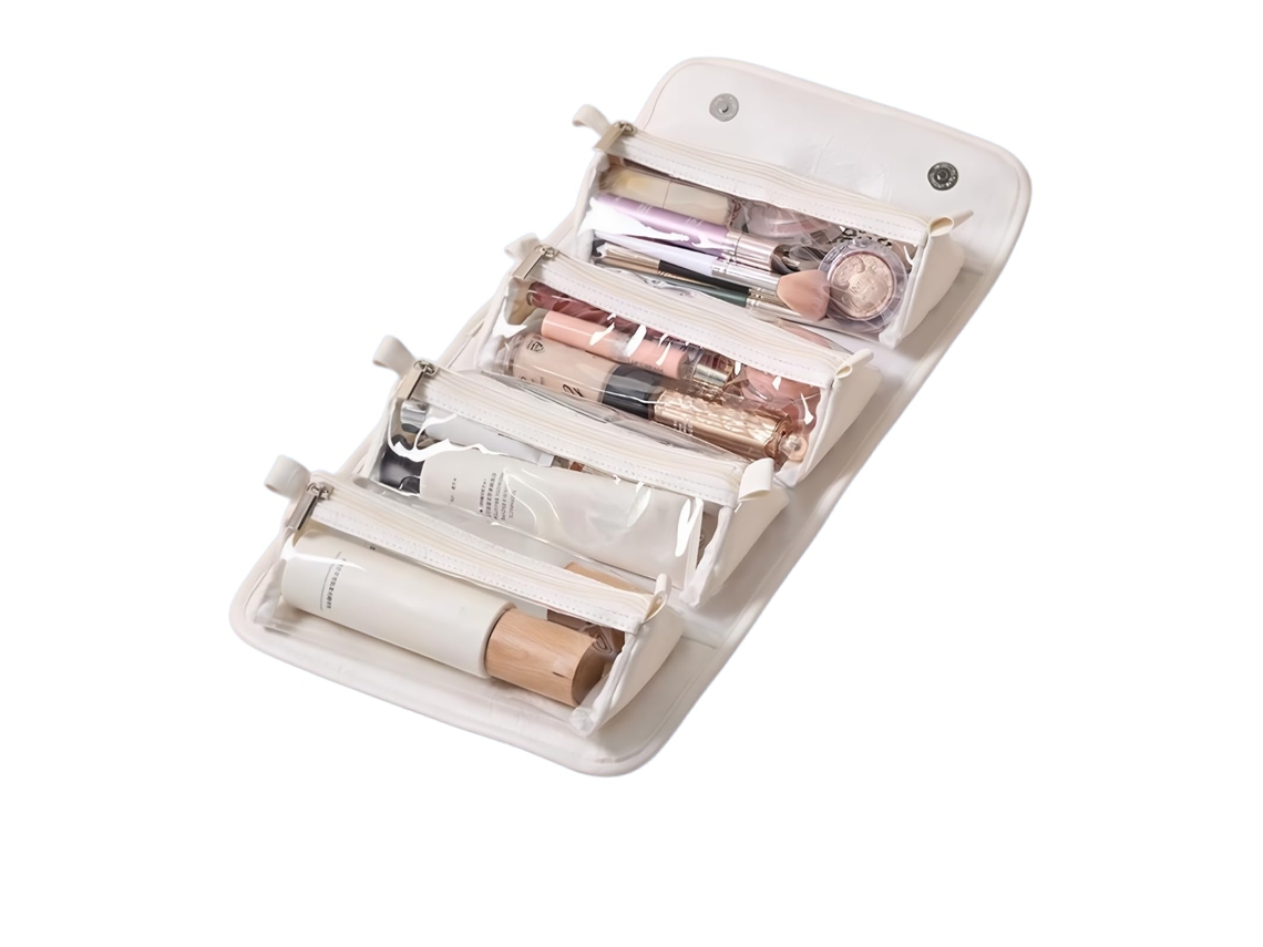 Bolsa De Maquilhagem E Higiene - Necessaire De Viagem Dobrável Com Janela Transparente - Pele Pu - 24x12x12cm - Branco