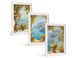 Conjunto De Pinturas Paisagens Marítimas, Limões E Janelas Moldura Branca Quadros Para A Sala De Estar Espelharte (3 Piezas De 40x60 Cm)