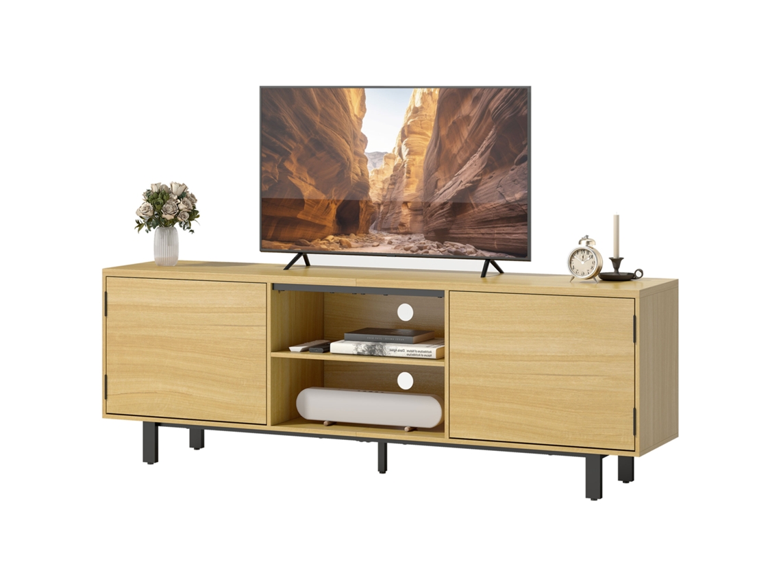 Suporte Tv Até 65 Polegadas Com 2 Portas E 2 Prateleiras, 160x35x55,5cm, Madeira Natural