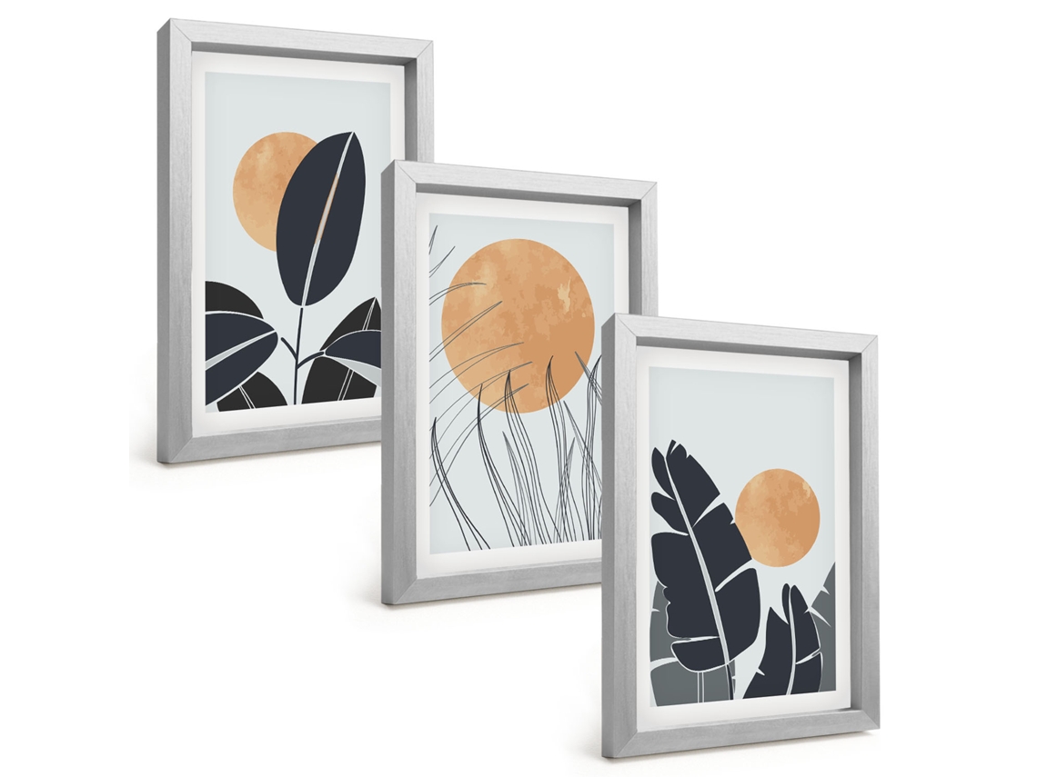 Composição De Quadros Padrões De Plantas, Sóis Grandes E Minimalistas Espelharte (3 Peças 20x30 Cm)
