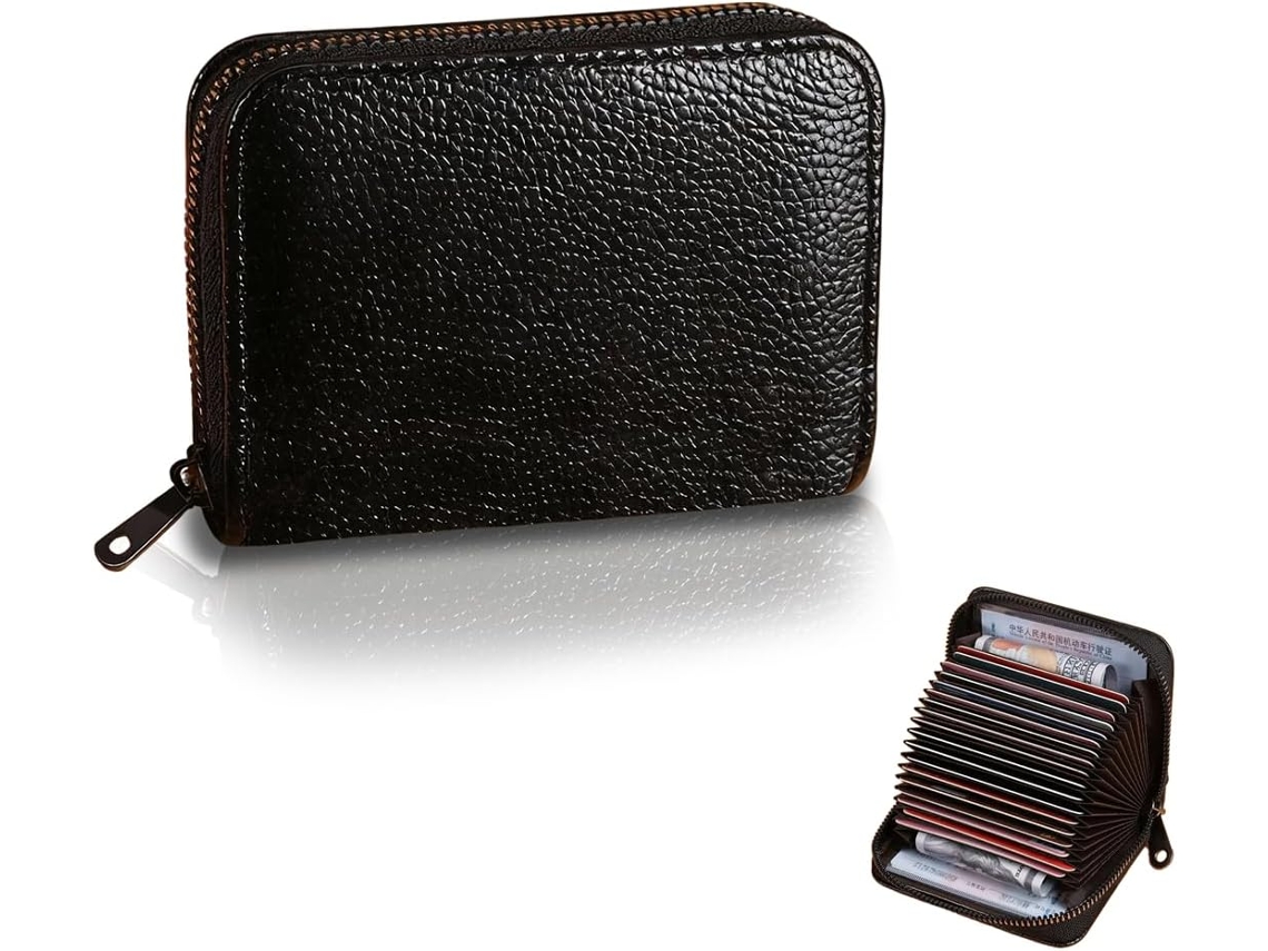 Porta-cartões Masculino Unissexo Pu Com 18 Compartimentos Para Cartões E 2 Bolsos Moedas, Fecho Zíper, Textura Litchi, Preto