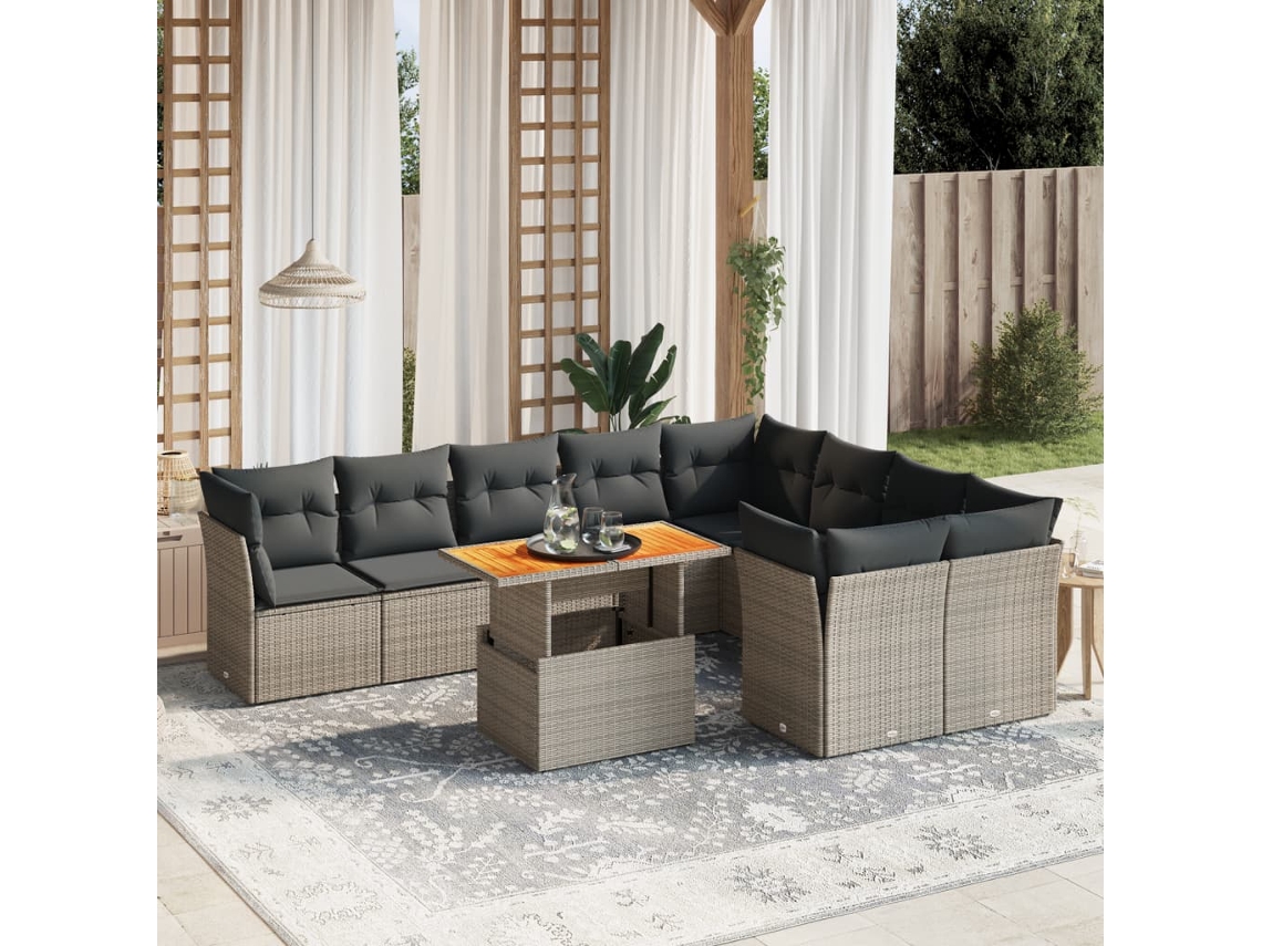 Vidaxl 10 Pcs Conjunto Sofás De Jardim C/ Almofadões Vime Pe Cinzento