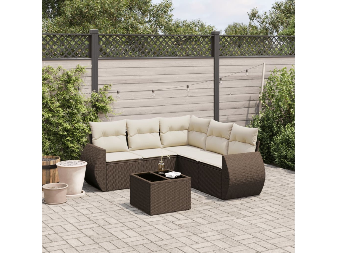 Vidaxl 6 Pcs Conjunto De Sofás Jardim C/ Almofadões Vime Pe Castanho
