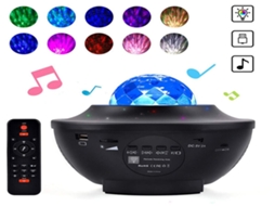 Projetor Lurelia Galaxy com coluna Bluetooth, controle remoto, LED, céu estrelado e sol integrado, ideal para quarto.