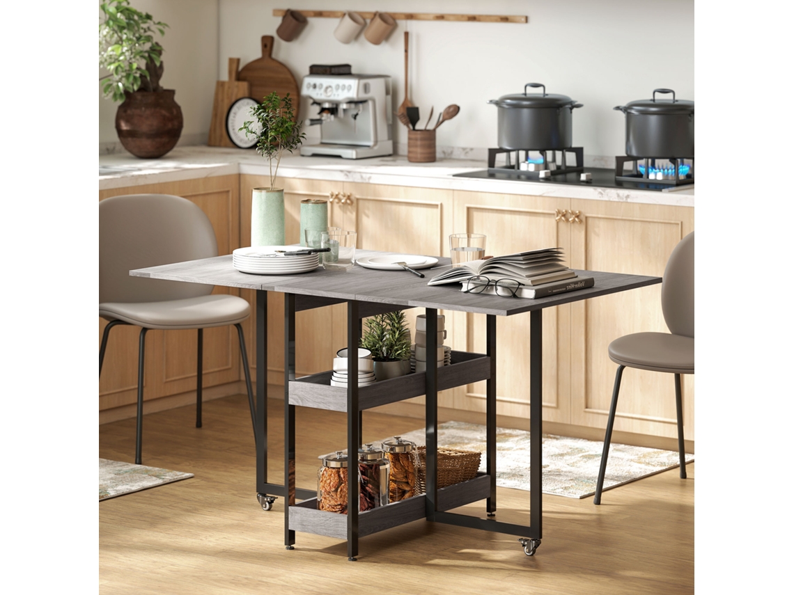 Mesa Dobrável Com 2 Abas Para 4 Pessoas 2 Prateleiras Abertas, Em Madeira E Metal, 133.4x80x75 Cm, Cinza