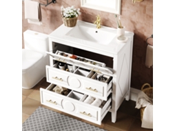 Móvel Banheiro Branco 81x46.5cm Cuba Cerâmica 3 Gavetas Retrô VELTRIX