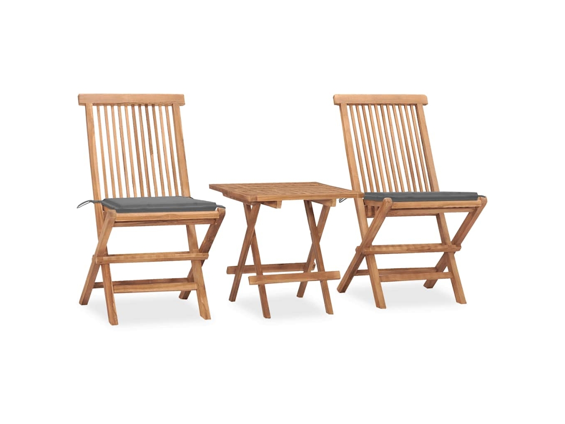 Vidaxl 3 Pcs Conj. Jantar Dobrável Exterior C/ Almofadão Teca Maciça
