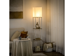 Luminária de Chão Moderna Branca e Madeira, 26x26x159cm, com Prateleiras, Cúpula de Tecido e Pedal de Acionamento