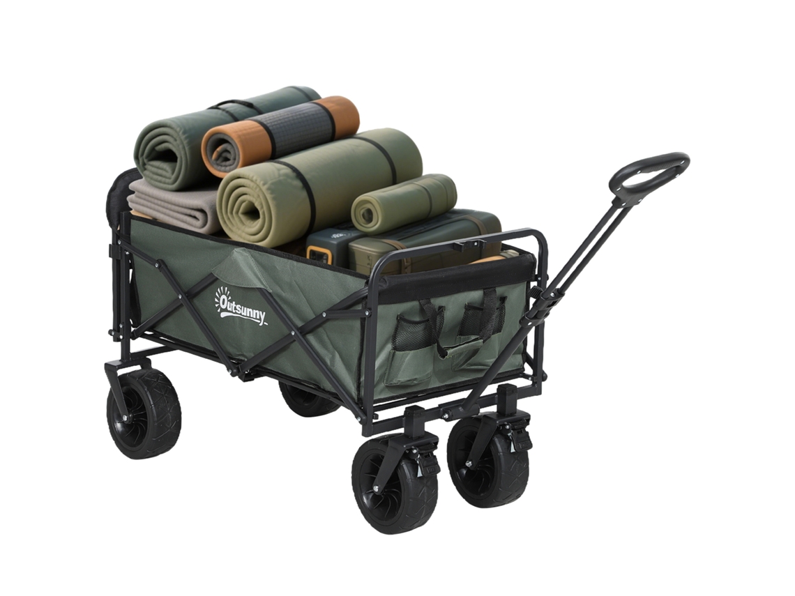 Carrinho De Jardim Dobrável De 95 Litros Com Painel Articulado, Aço E Poliéster, 125x48x78-102 Cm, Verde
