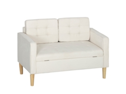 Sofá 2 Lugares Armazenamento MARCA, creme, 117x62x78 cm, encosto tufado, pernas de madeira