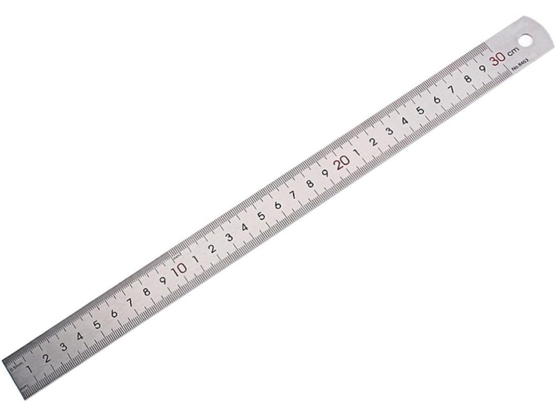 Régua portátil feita de aço inoxidável de alta dureza, ideal para estudantes e uso na indústria metalúrgica, com medidas.