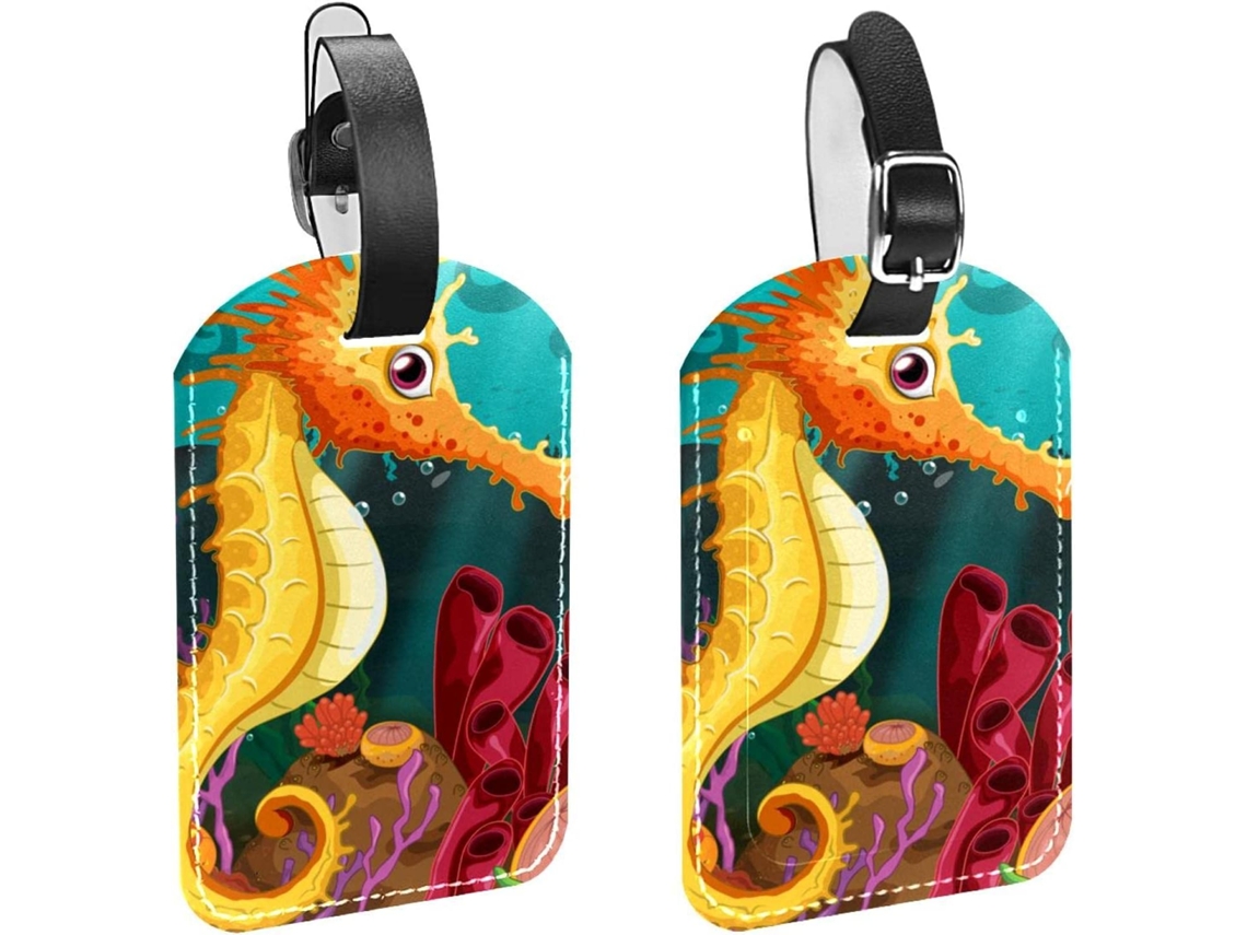 Conjunto De 2-etiquetas Viagem Masculinas Bagagem Dois Cavalinhos Marinhos Fofos No Fundo Do Mar Material Pu