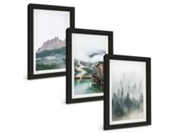 Composição De Quadrosmontanhas, Lago, Cabana Neblina Moldura Preta Imagens Para Um Quarto Infantil Espelharte (3 Peças 20x30 Cm)
