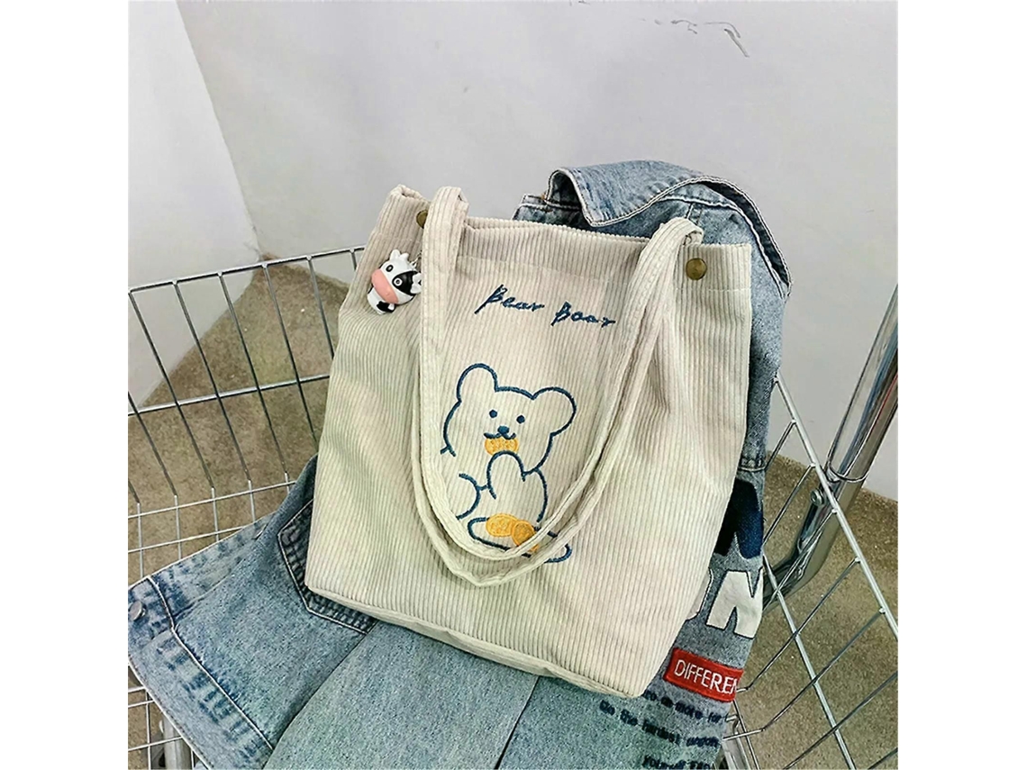 Bolsa de Ombro Dobrável Veludo Cotelê com Bordado Urso Desenho Animado para Mulheres, Grande e Ecológic a Compras. GOKOCO