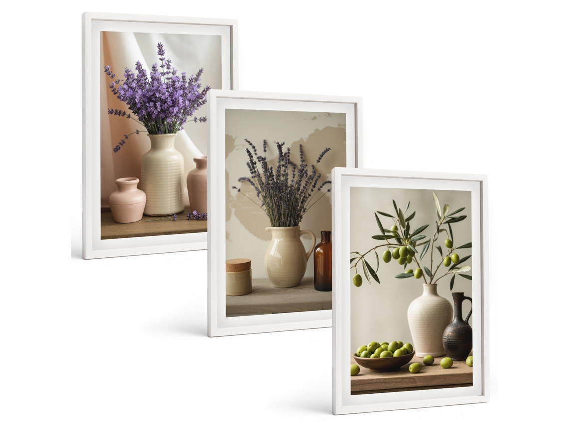 Composição De Quadros Na Parede Flores De Lavanda, Azeitonas E Pratos Moldura Branca Quadros Para O Escritório Espelharte (3 Piezas De 40x60 Cm)