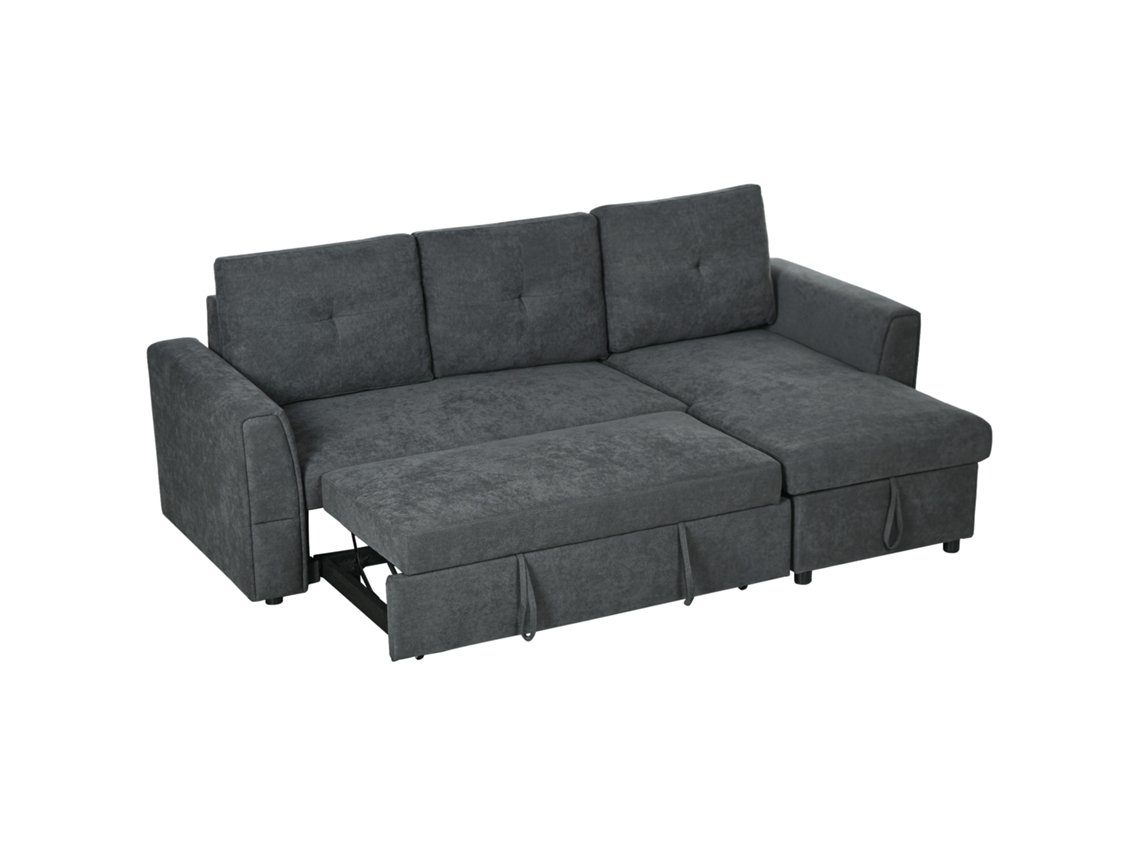 Sofá Três Lugares Função Dormir Com Chaise Acolchoada, Cinza Escuro.