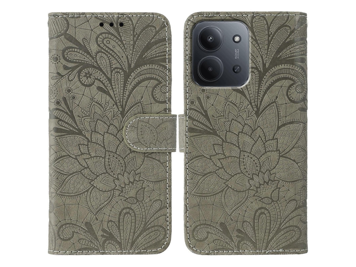 Capa Tipo Carteira De Couro Sintético Com Flores De Renda Tkdaddy Para Xiaomi Redmi 15c 4g (global) (171 Mm) / Poco C85 4g, Cinza