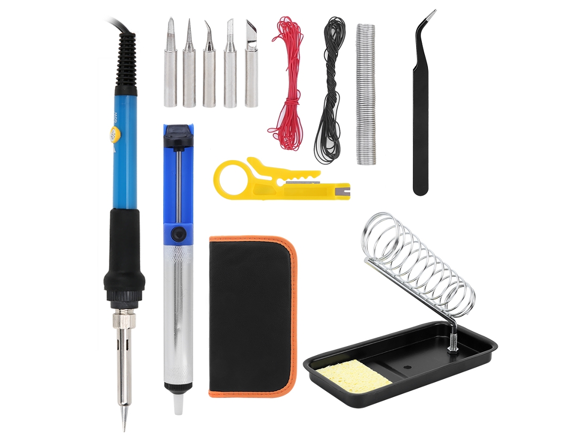 Kit de ferro de solda com 15 peças, com temperatura ajustável e marcação em madeira.