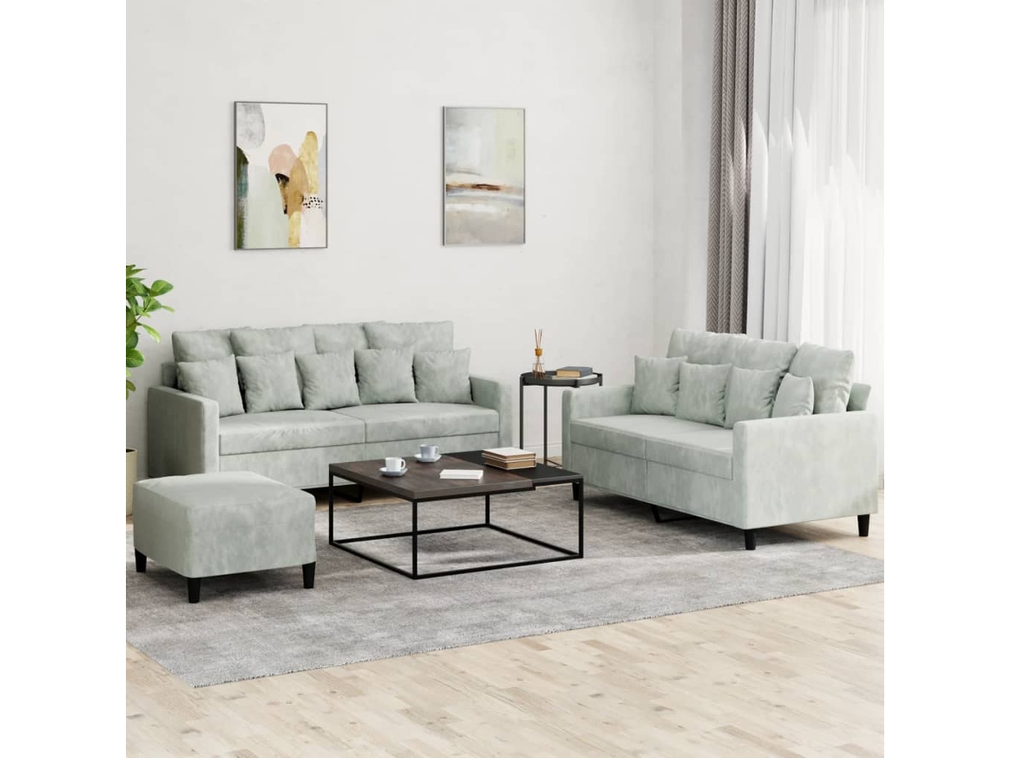 Vidaxl 3 Pcs Conjunto de Sofás com Almofadões Veludo Cinzento claro