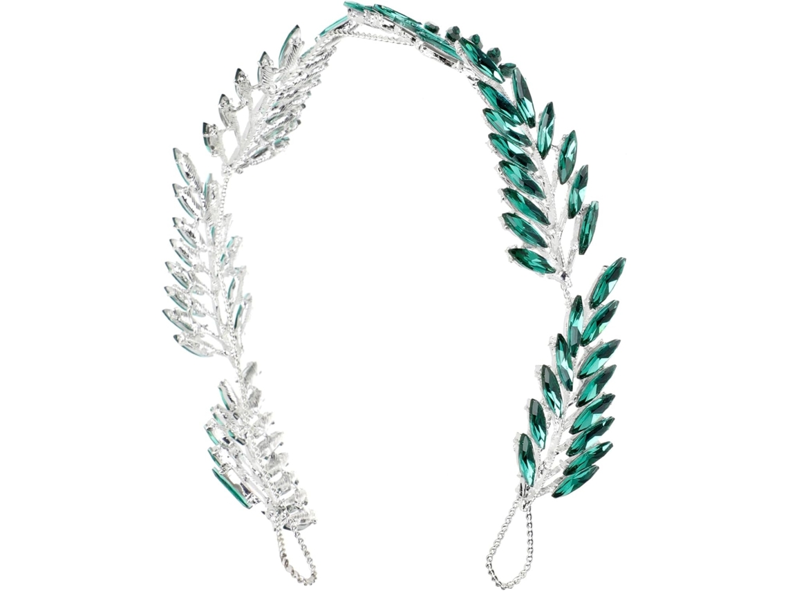 Tiara Chic Goddess em liga metálica verde, elegante e durável.