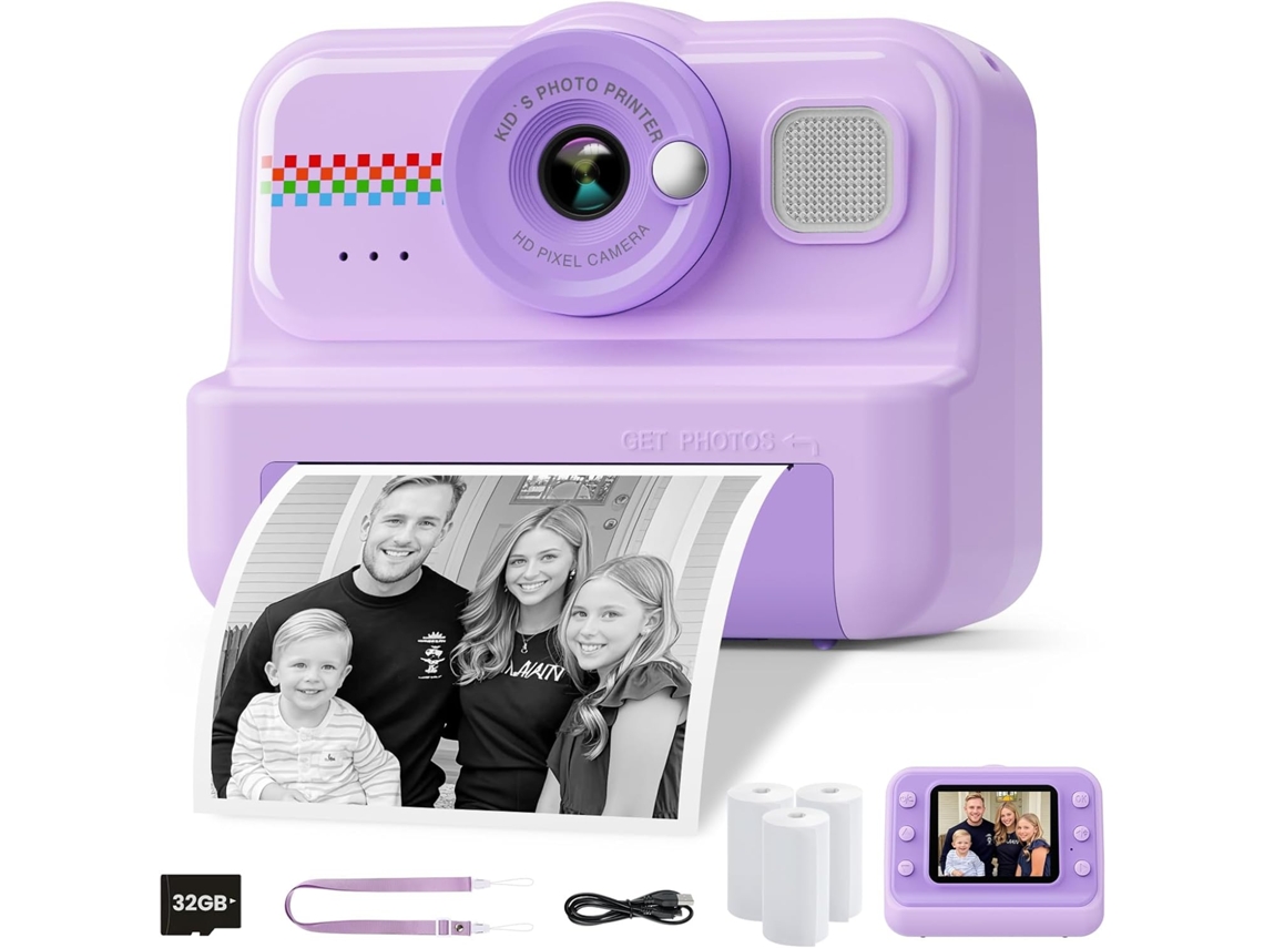 Máquina Fotos Infantil Impressão Instantânea,1080p Hd, 32gb, 3 Rolos Papel, para 3 14 Anos Roxo HEXINYIGJLY