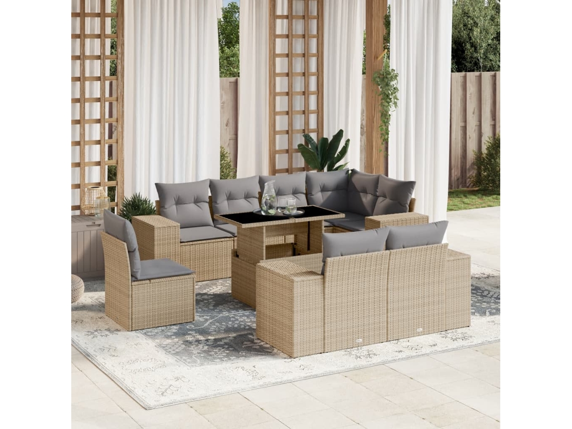 Vidaxl 9 Pcs Conjunto De Sofás P/ Jardim Com Almofadões Vime Pe Bege