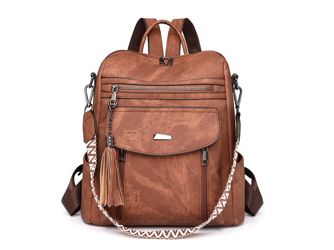 Mochila Feminina de Couro Pu com Borlas, Marrom DIGITALLAB
