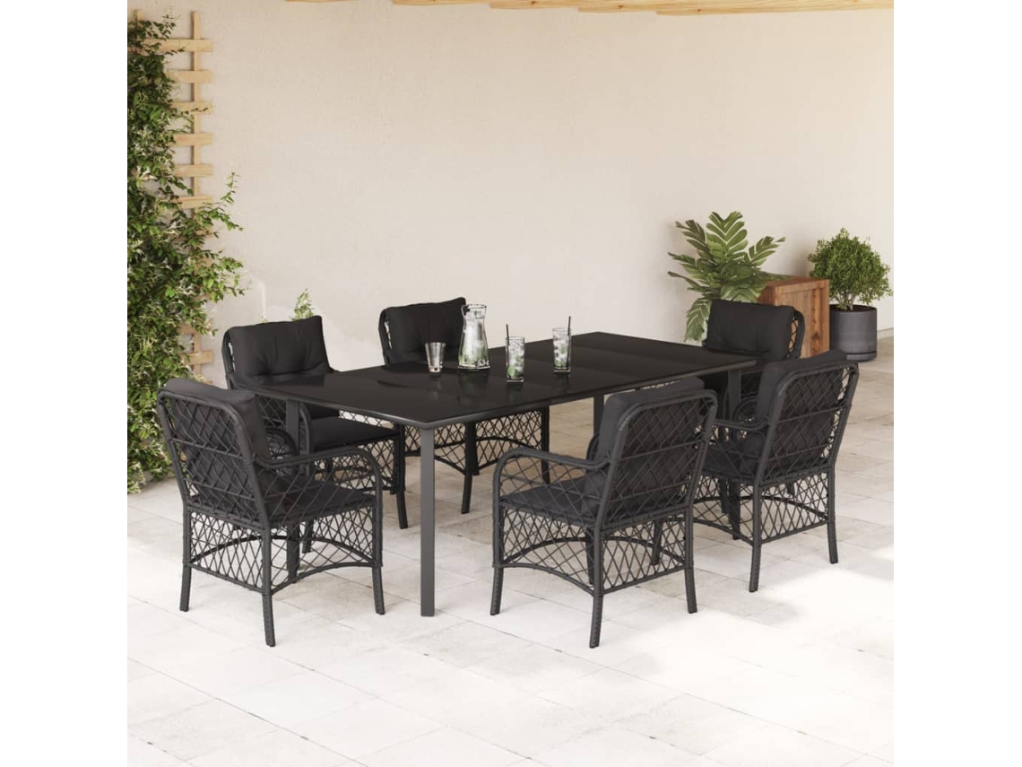 Vidaxl 7 Pcs Conjunto De Jantar P/ Jardim C/ Almofadões Vime Pe Preto